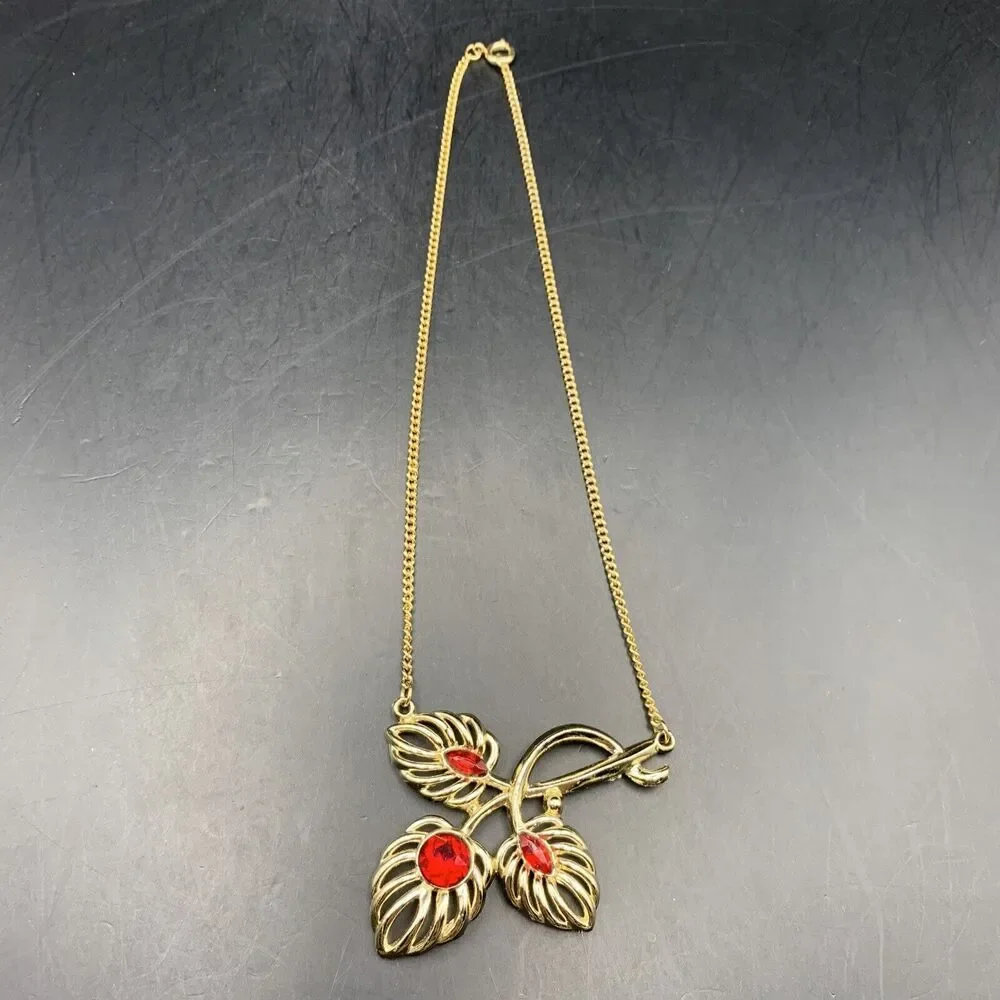 Leaf Pendant Necklace Red Rhinestone Gold Tone Floral 15 Inch Vintage